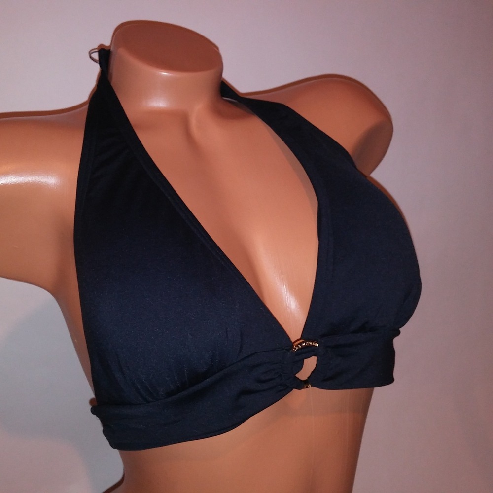 Michael Kors Swim Bikini Top Large Black Solid Triangle Halter Removable Padding